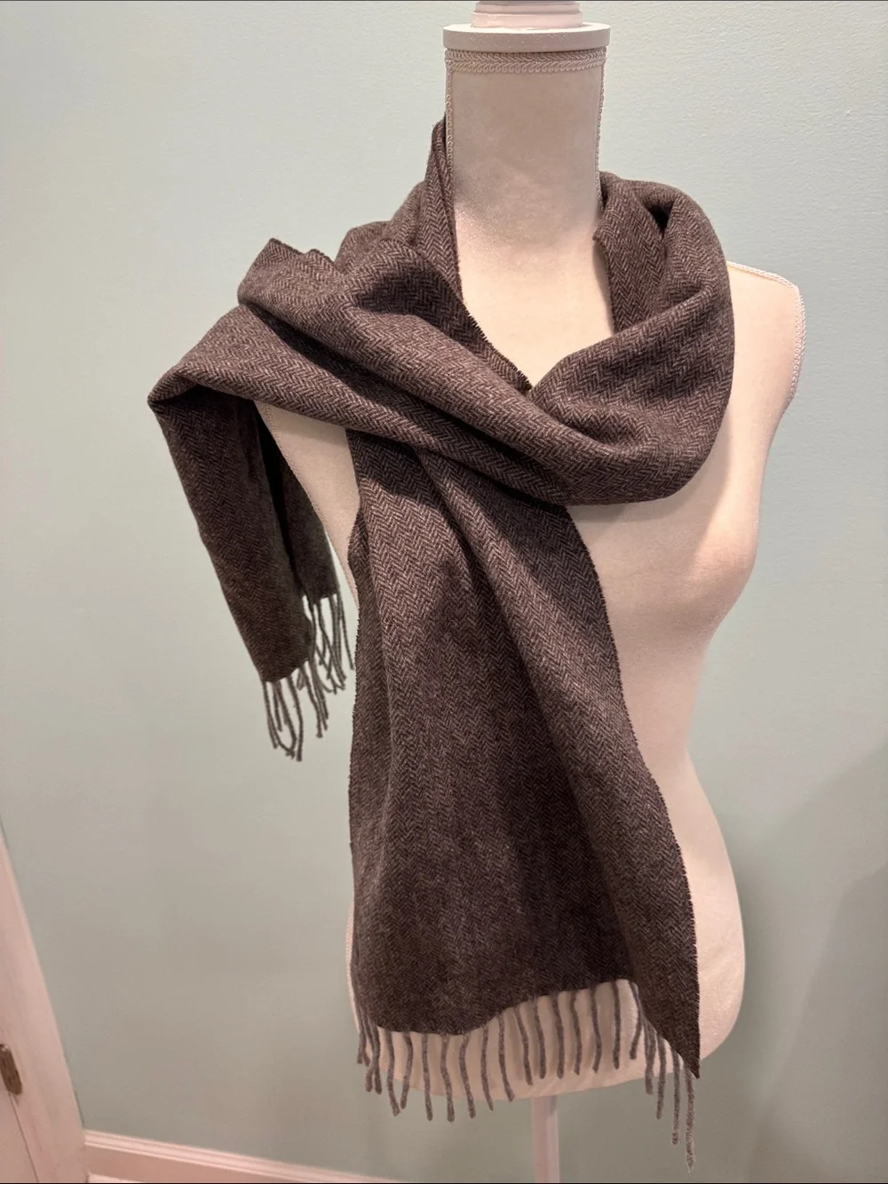 Italy Classic Brown Herringbone Wool Cashmere Fringe Wrap Scarf